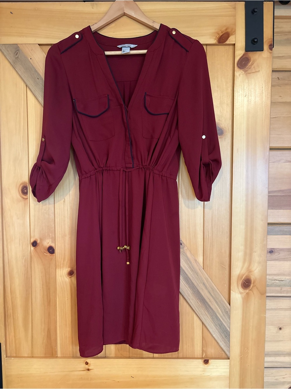 H&M Burgundy Long-Sleeve Drawstring Shirt Dress with Gold Buttons